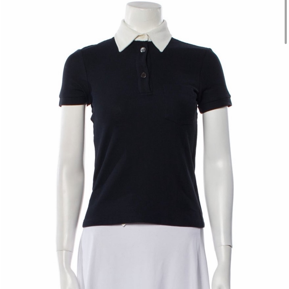 Prada Women's Navy and White Polo Pique Knit Top
